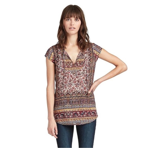 Lucky Brand Women’s Studded Border Scarf Print Boho Cap Sleeve Tee Size Small - Picture 1 of 13